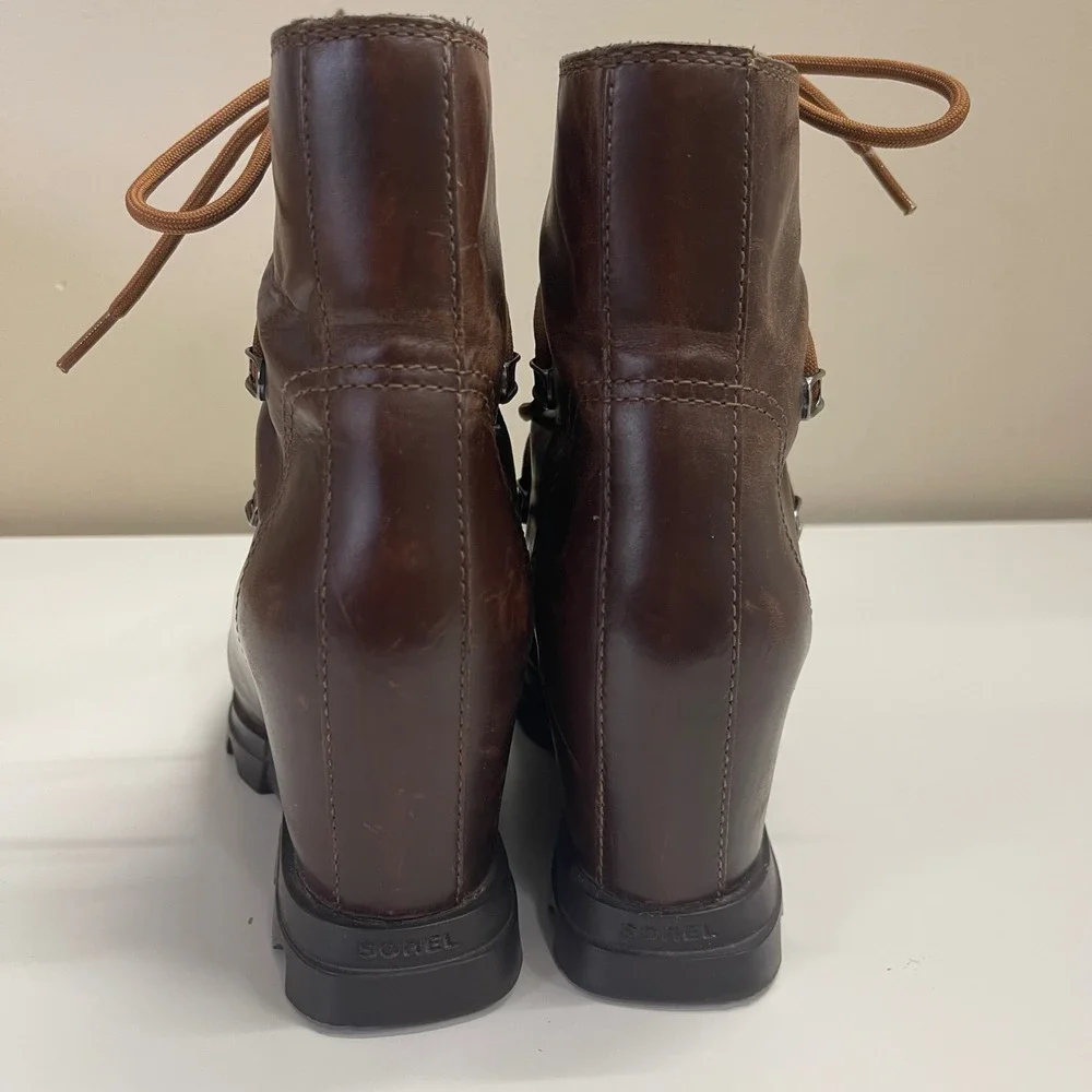 Sorel Joan of Arctic Wedge III Boots Womens 7 Brown Leather Lace Up NL4360-245